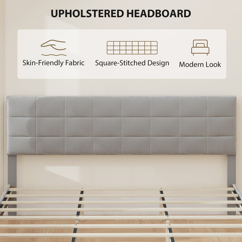 Mara King Size Upholstered Platform Bed Frame with Wood Slats - Grey