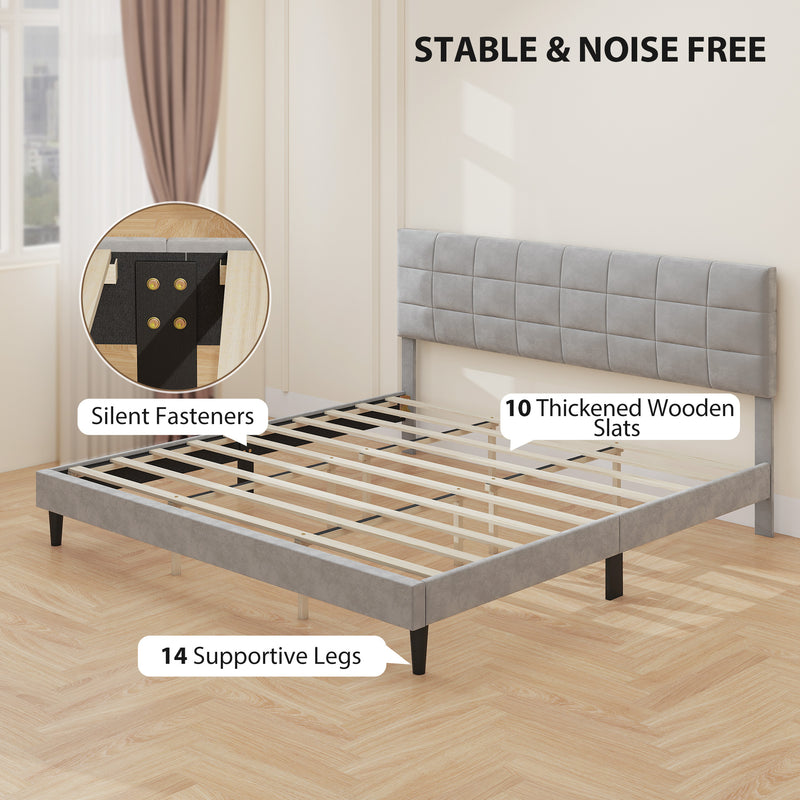 Mara King Size Upholstered Platform Bed Frame with Wood Slats - Grey