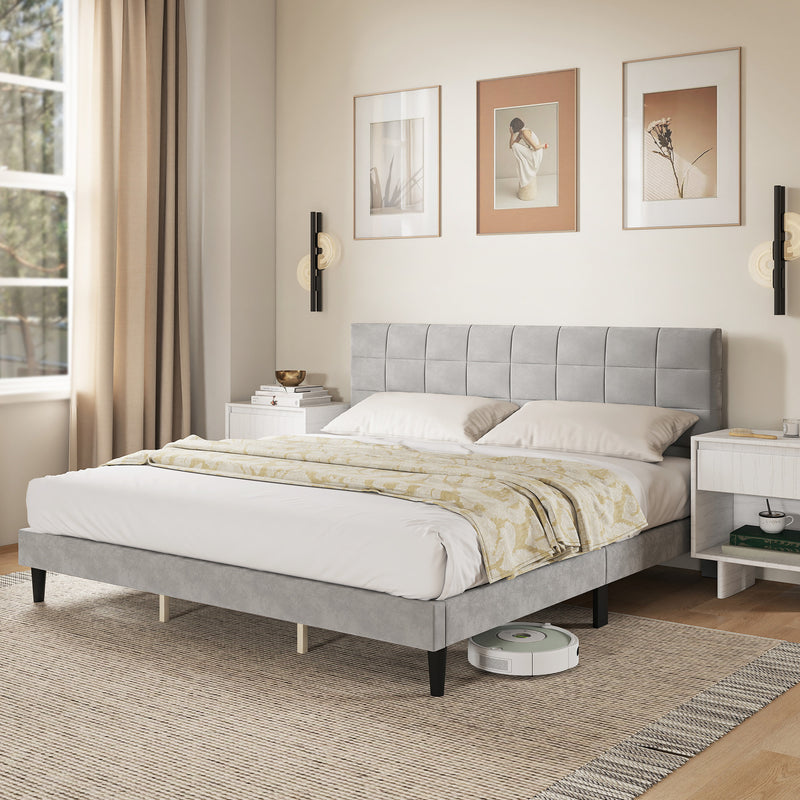 Mara King Size Upholstered Platform Bed Frame with Wood Slats - Grey
