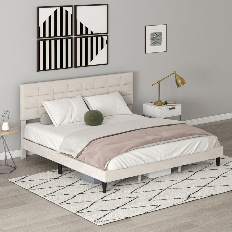 Mara King Size Upholstered Platform Bed Frame with Wood Slats - Cream White