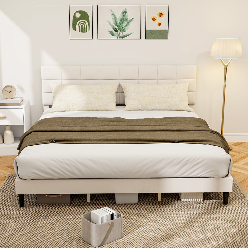 Mara King Size Upholstered Platform Bed Frame with Wood Slats - Cream White