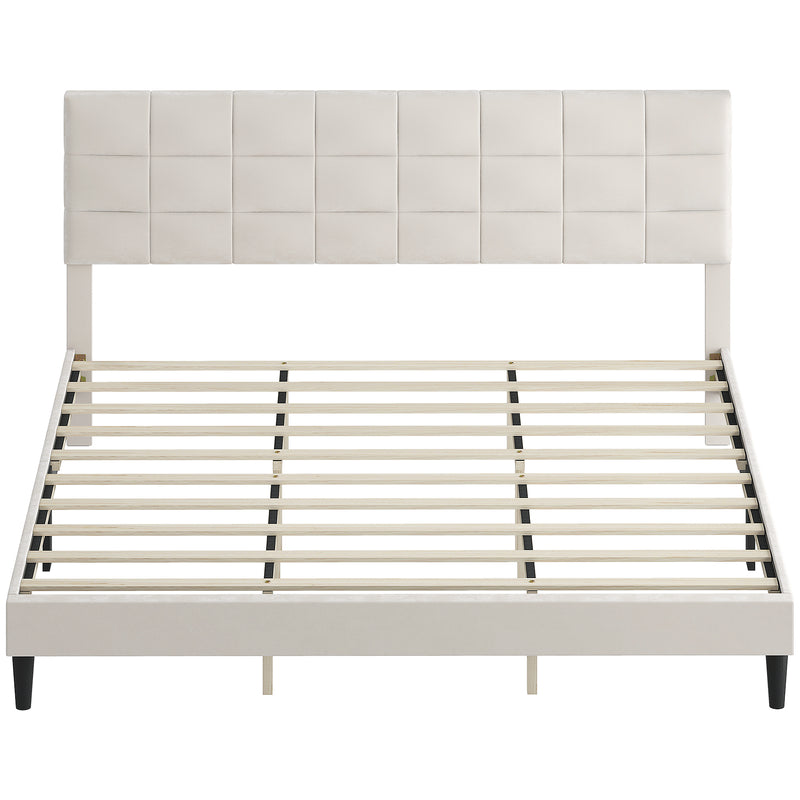 Mara King Size Upholstered Platform Bed Frame with Wood Slats - Cream White