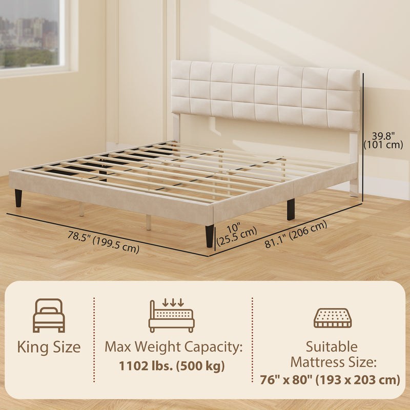 Mara King Size Upholstered Platform Bed Frame with Wood Slats - Cream White