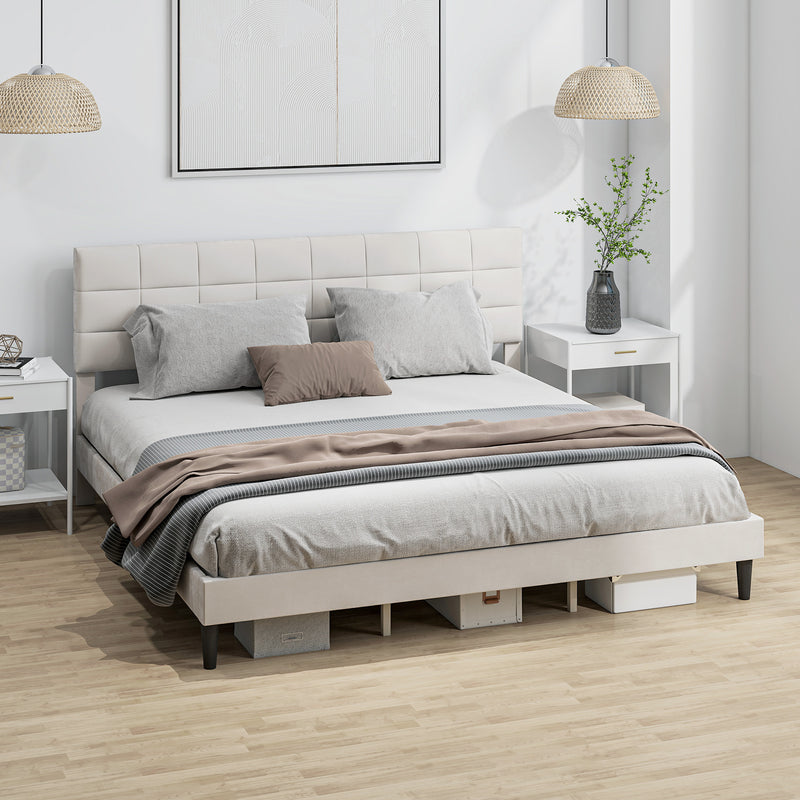 Mara King Size Upholstered Platform Bed Frame with Wood Slats - Cream White