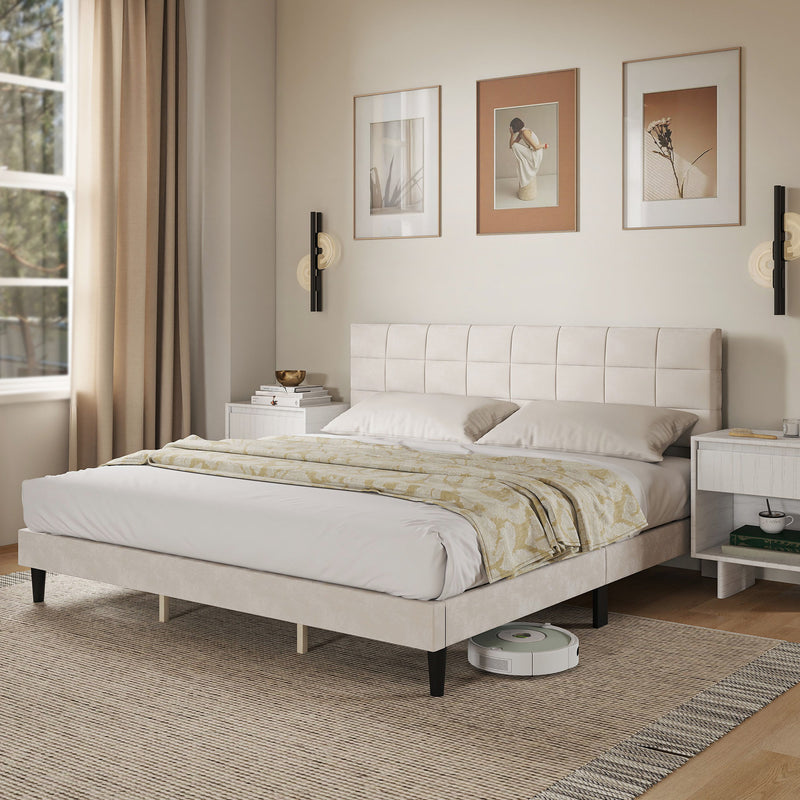 Mara King Size Upholstered Platform Bed Frame with Wood Slats - Cream White