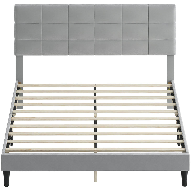 Gray upholstered bed frame with wooden slats on a white background