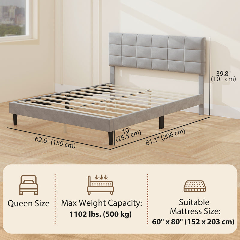 Gray upholstered bed frame with dimensions and specifications on a wooden floor.