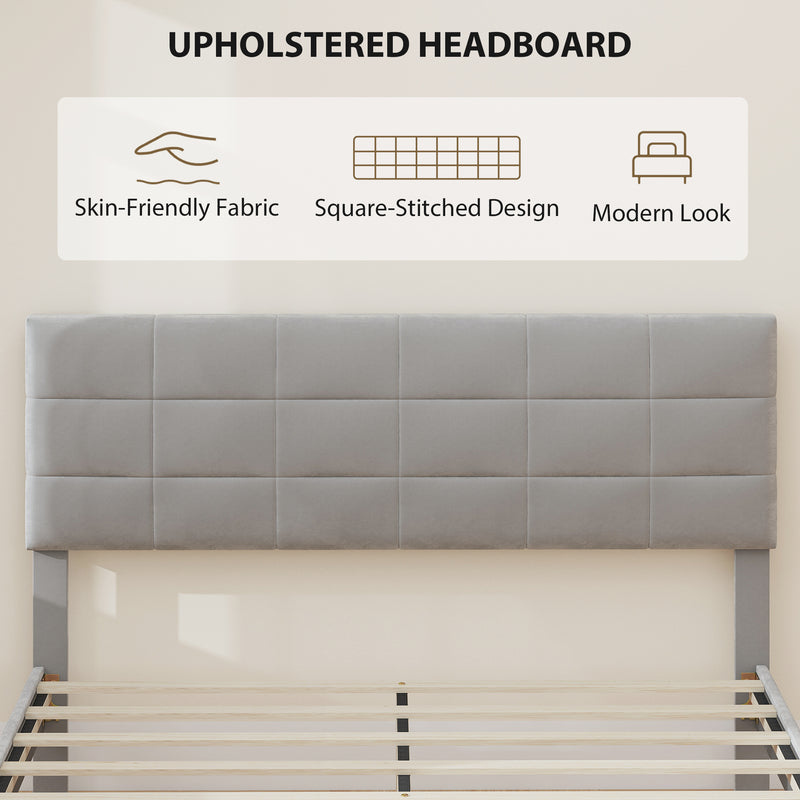 Gray upholstered headboard with features listed above it on a beige background