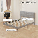 Gray upholstered bed frame with wooden slats in a room setting, highlighting features like silent fasteners and thickened wooden slats.