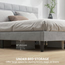 Gray upholstered bed with under-bed storage space labeled, in a bedroom setting.