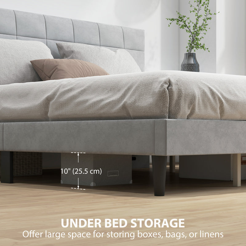 Gray upholstered bed with under-bed storage space labeled, in a bedroom setting.
