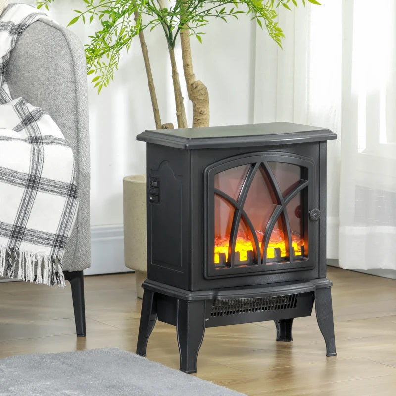 Mini Rustic Black Electric Fireplace with 1500W Heater and Realistic Flame