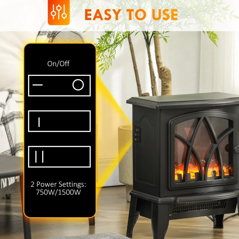 Mini Rustic Black Electric Fireplace with 1500W Heater and Realistic Flame