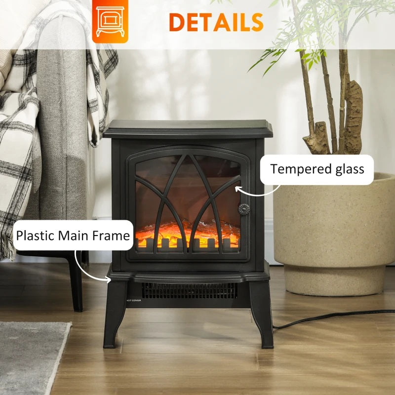 Mini Rustic Black Electric Fireplace with 1500W Heater and Realistic Flame