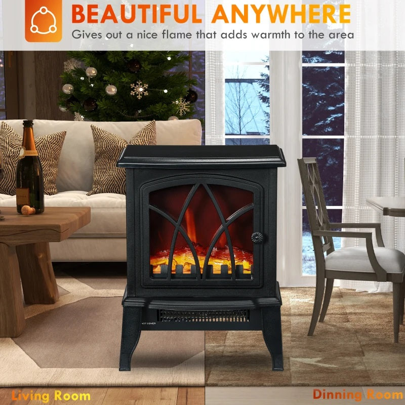 Mini Rustic Black Electric Fireplace with 1500W Heater and Realistic Flame