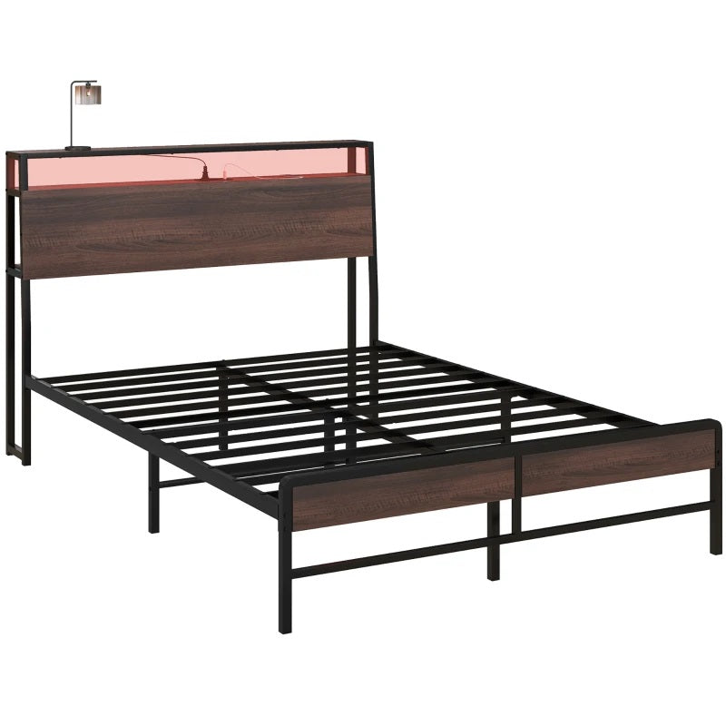 Modanni Full Size Platform Bed Frame with LED Light Headboard Shelf and Charging Station - Walnut Brown (Copy)