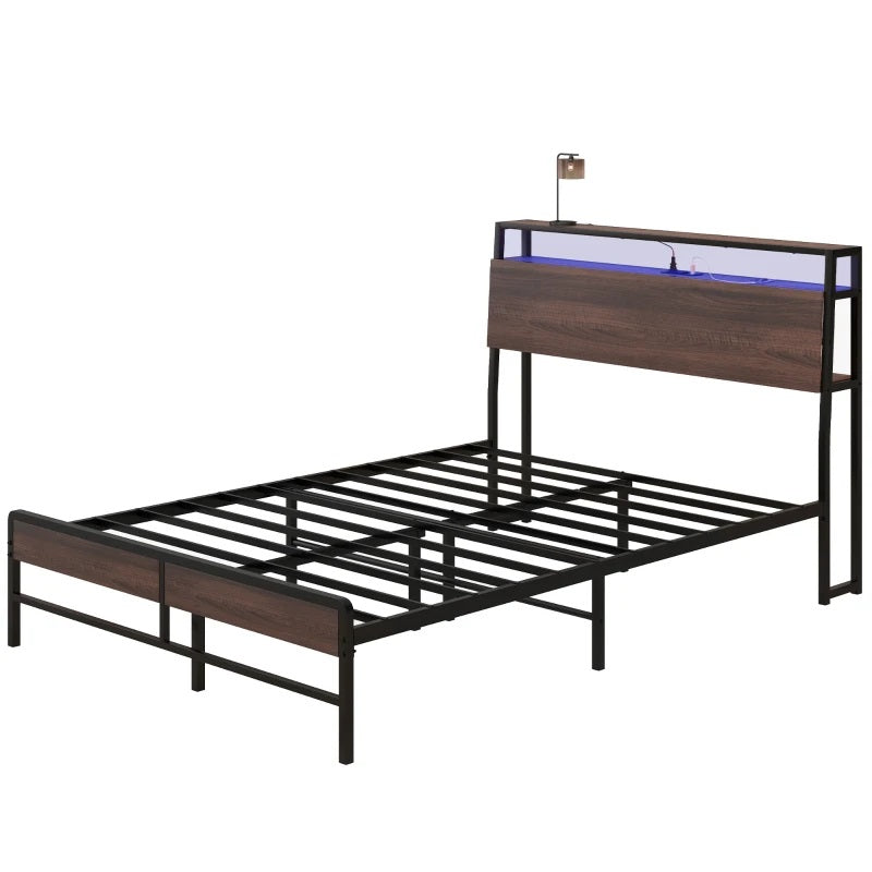 Modanni Full Size Platform Bed Frame with LED Light Headboard Shelf and Charging Station - Walnut Brown (Copy)