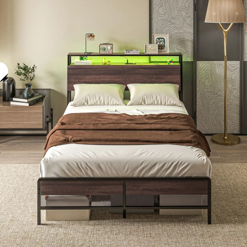 Modanni Full Size Platform Bed Frame with LED Light Headboard Shelf and Charging Station - Walnut Brown (Copy)