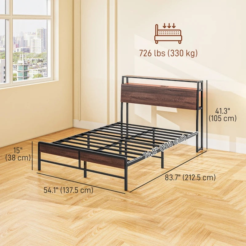 Modanni Full Size Platform Bed Frame with LED Light Headboard Shelf and Charging Station - Walnut Brown (Copy)