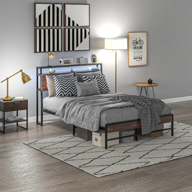 Modanni Full Size Platform Bed Frame with LED Light Headboard Shelf and Charging Station - Walnut Brown (Copy)