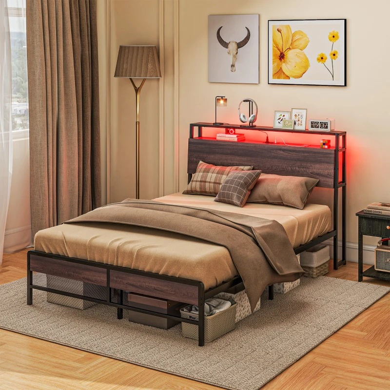 Modanni Full Size Platform Bed Frame with LED Light Headboard Shelf and Charging Station - Walnut Brown (Copy)