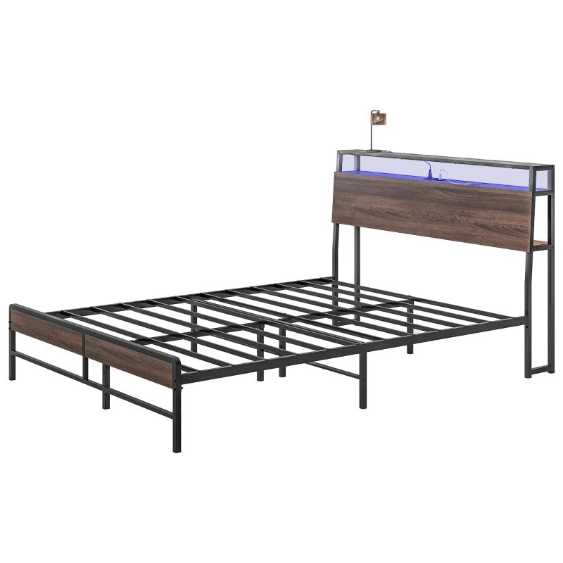 Modanni Queen Size Platform Bed Frame with LED Light Headboard Shelf and Charging Station - Walnut Brown