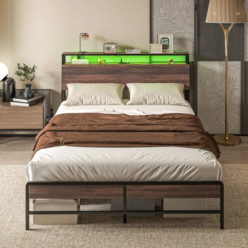 Modanni Queen Size Platform Bed Frame with LED Light Headboard Shelf and Charging Station - Walnut Brown