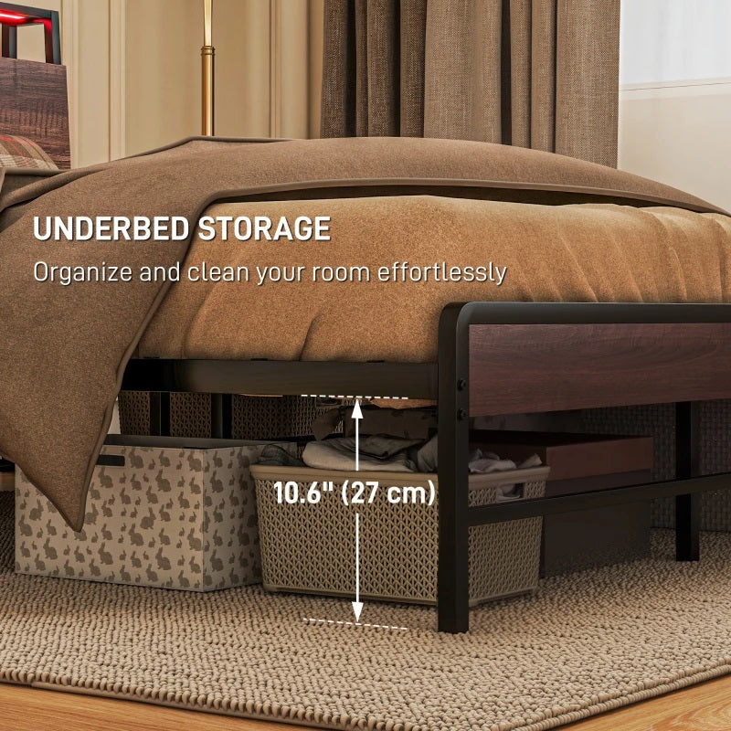 Modanni Queen Size Platform Bed Frame with LED Light Headboard Shelf and Charging Station - Walnut Brown