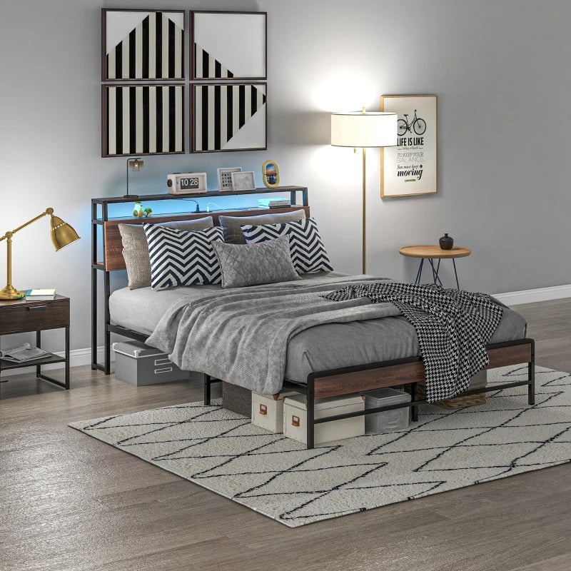 Modanni Queen Size Platform Bed Frame with LED Light Headboard Shelf and Charging Station - Walnut Brown