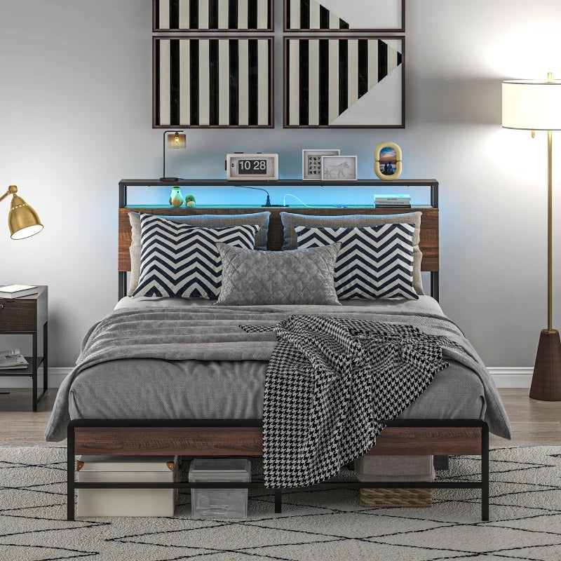 Modanni Queen Size Platform Bed Frame with LED Light Headboard Shelf and Charging Station - Walnut Brown