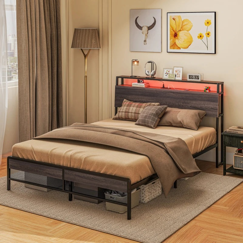 Modanni Queen Size Platform Bed Frame with LED Light Headboard Shelf and Charging Station - Walnut Brown