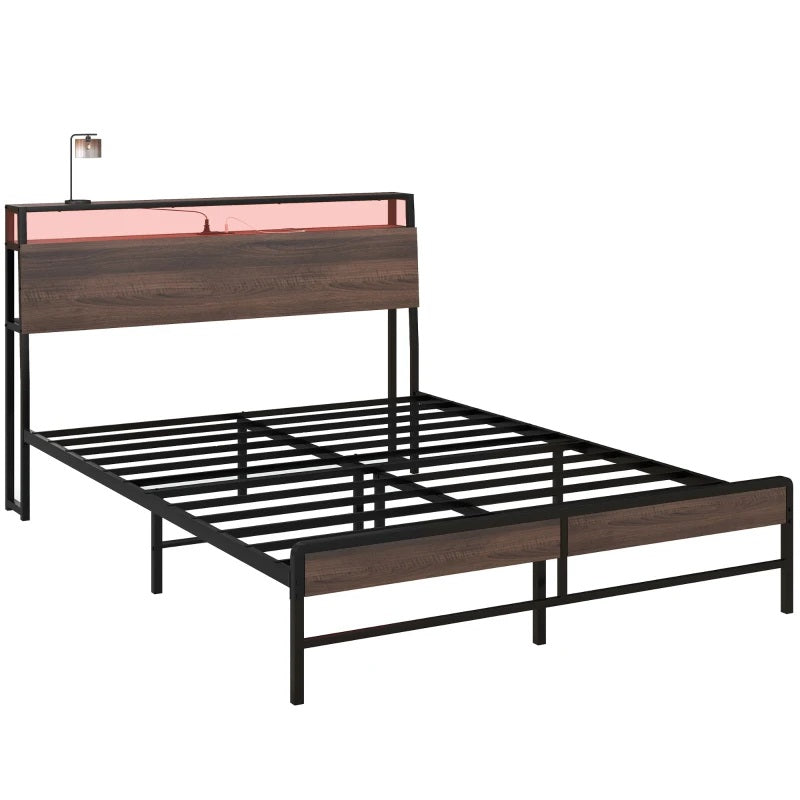 Modanni Queen Size Platform Bed Frame with LED Light Headboard Shelf and Charging Station - Walnut Brown