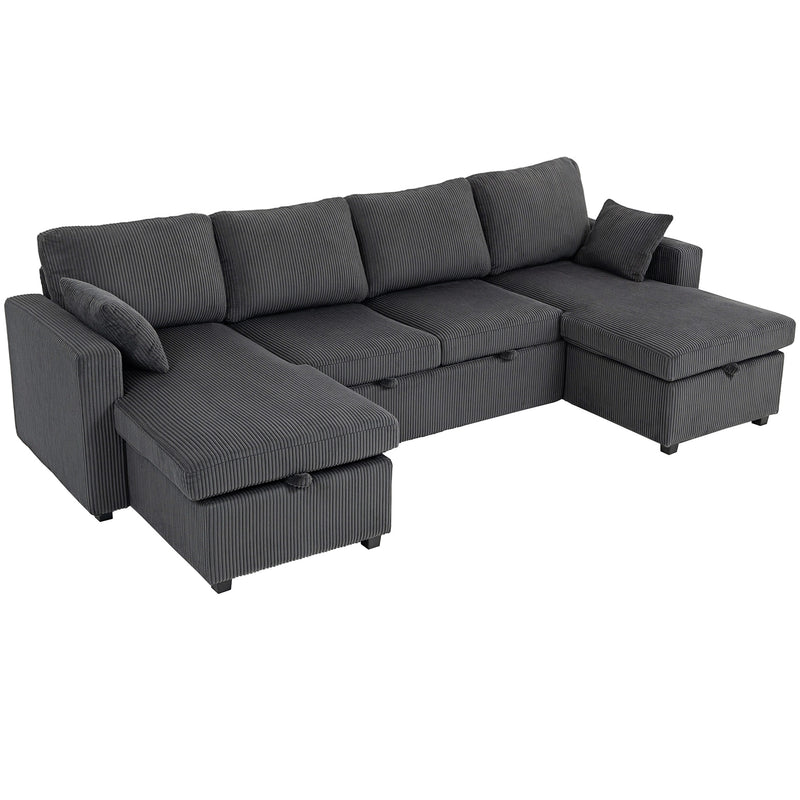 Gray U-shape sectional sofa couch with storage on a white background