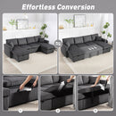 Collage of a gray sectional sofa converting into a coffee table with text 'Effortless Conversion'.
