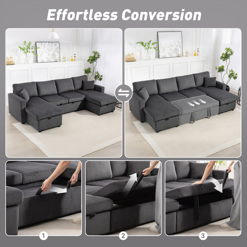 Collage of a gray sectional sofa converting into a coffee table with text 'Effortless Conversion'.