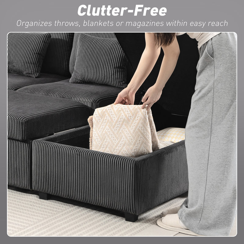 Person placing a blanket into a storage compartment of a gray sectional sofa with text 'Clutter-Free'.