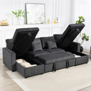 Gray sectional sleeper sofa with storage compartments in a living room setting
