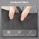 Corduroy fabric with hands touching it, labeled as 'Always in vogue, forever exquisite'.