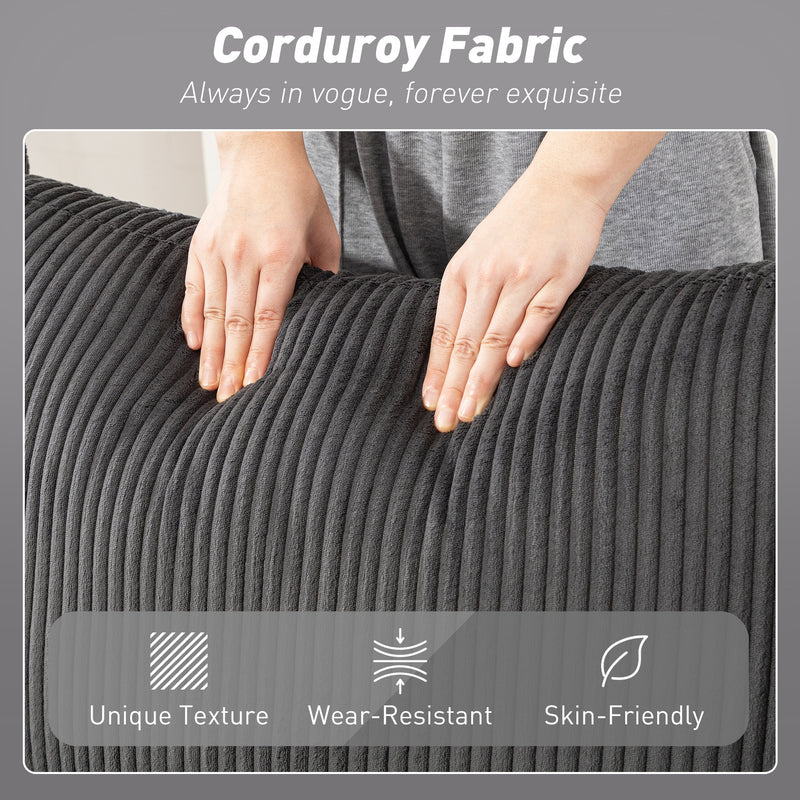 Corduroy fabric with hands touching it, labeled as 'Always in vogue, forever exquisite'.