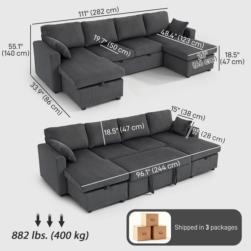 Gray sectional sofa with dimensions labeled on a white background