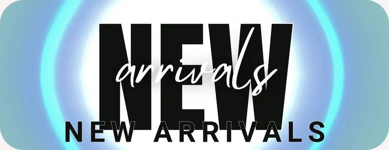 Text 'NEW arrivals' on a blue and white gradient background