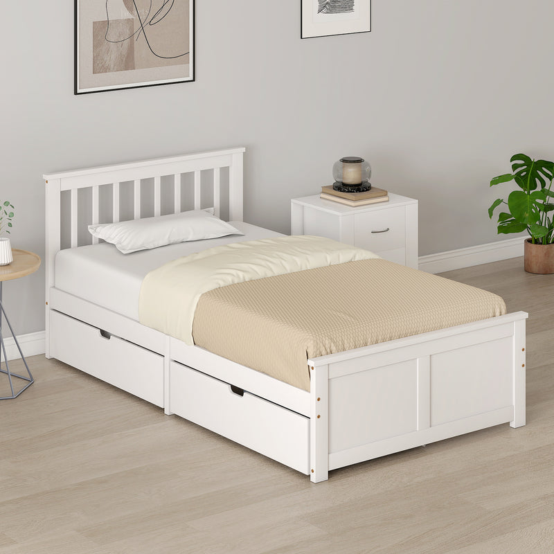 Olive Cove White Pine Wood Twin Size Captains Bed with 2 Storage Drawers