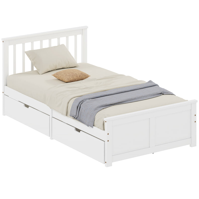 White mates bed bed frame with under drawer storage beige bedding and a gray blanket on a white background