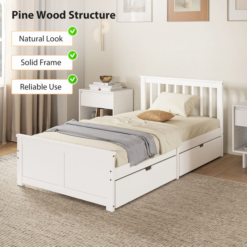 Olive Cove White Pine Wood Twin Size Captains Bed with 2 Storage Drawers