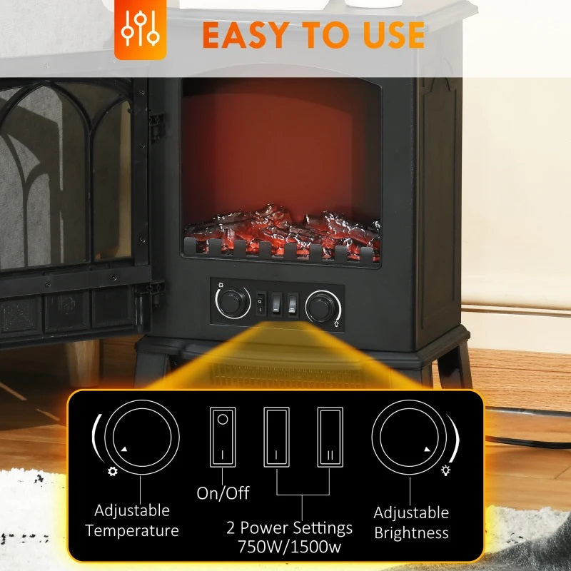 Ophelia Black Electric Realistic Log Fireplace Heater with Adjustable Flame and 750/1500W Output