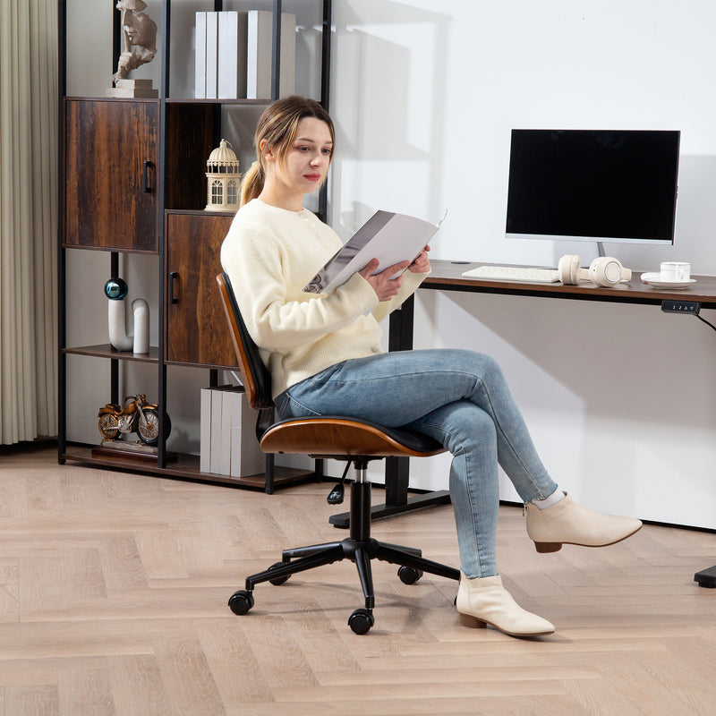 Orlo Point Adjustable Height Wood and PU Leather Desk Chair with Swivel and Wheels - Black