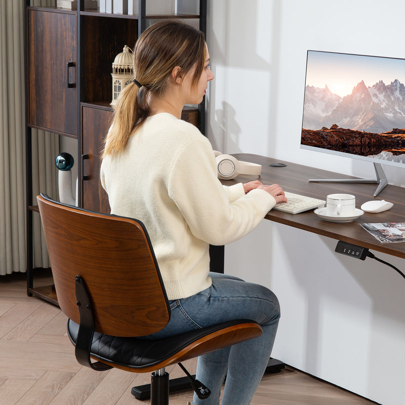 Orlo Point Adjustable Height Wood and PU Leather Desk Chair with Swivel and Wheels - Black