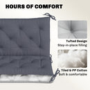Gray tufted cushion with text highlighting comfort features on a white background