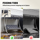 Outdoor swing with fixing ties shown before and after rain, with text indicating their effectiveness.