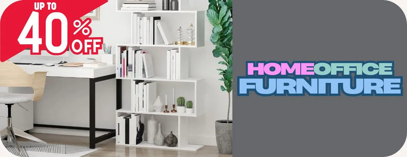 Overstock and Surplus home office furniture with a discount banner and 'Home Office Furniture' text.